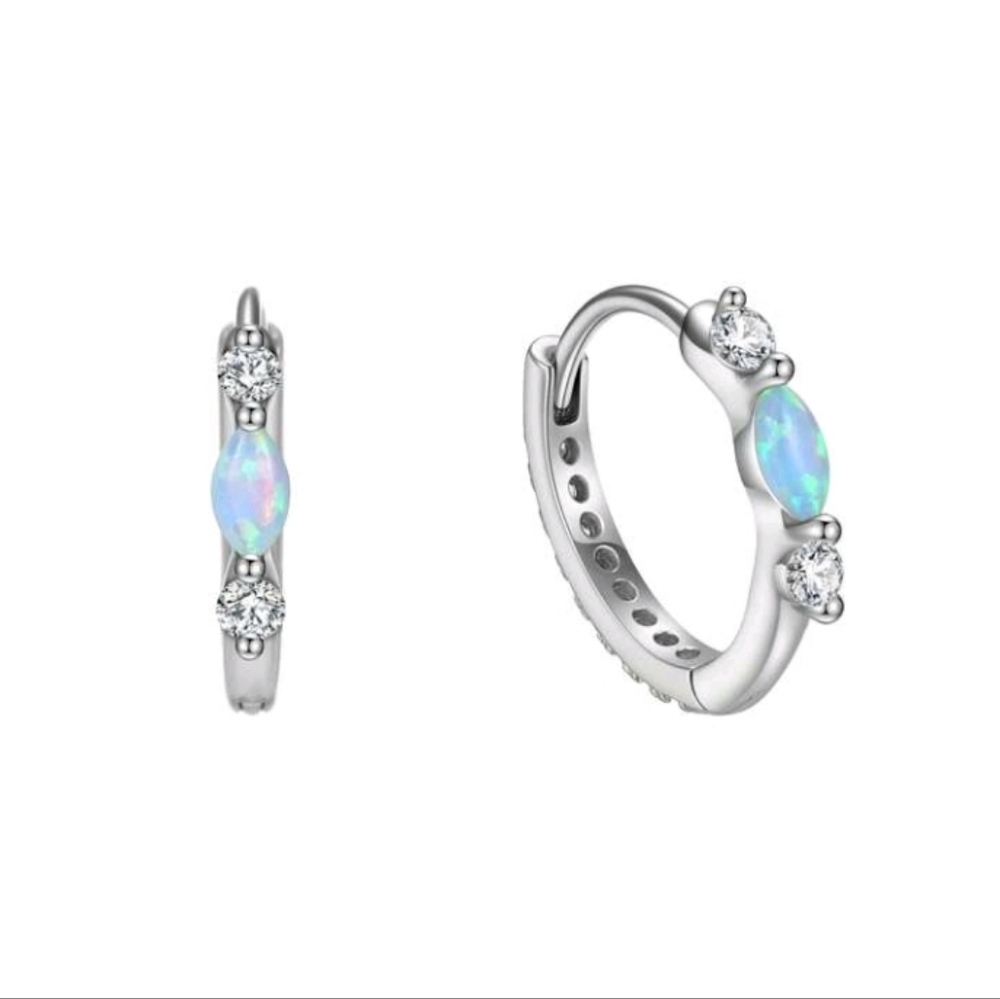 NEW!! Silver Plated Opal & Diamond Mini Huggie Hoop Earrings